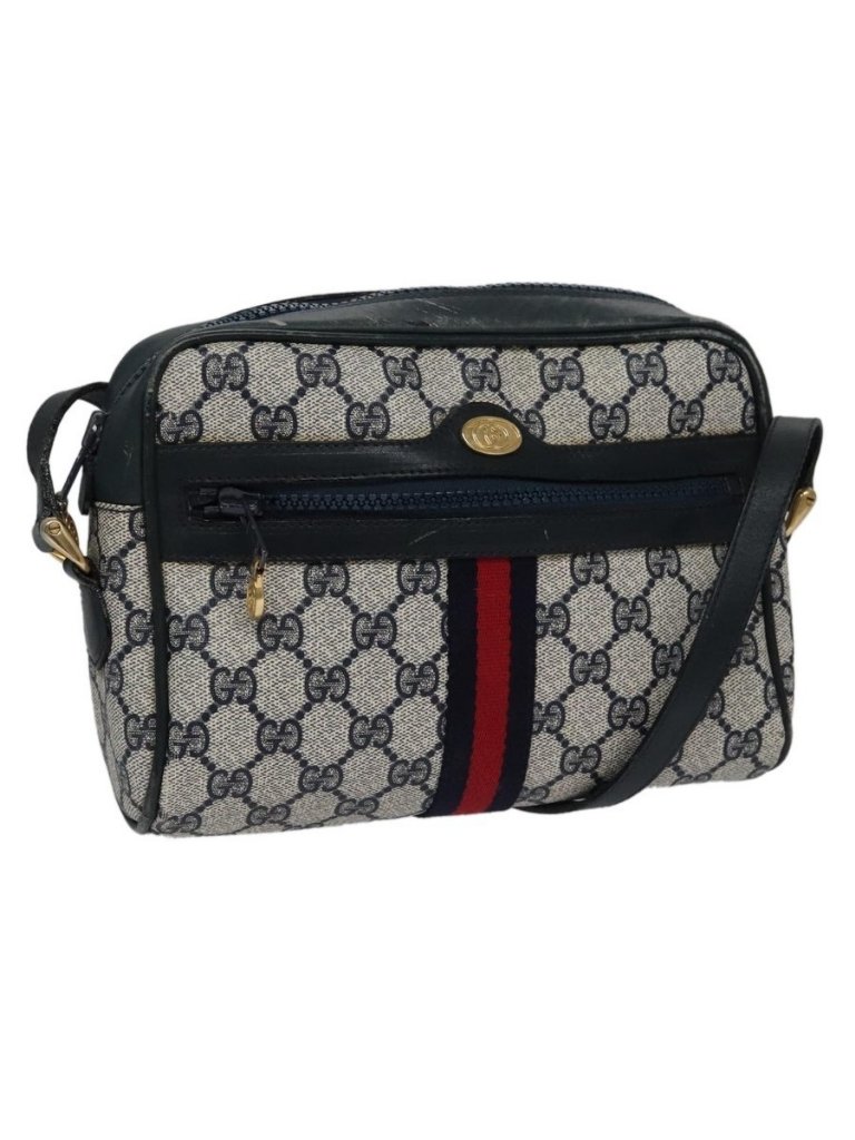Authentic Gucci Gg Supreme Sherry Line Shoulder Bag Pvc Leather Navy Red